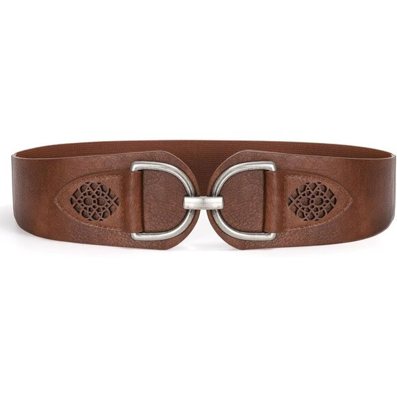 Women's Vintage Faux Leather Stretchy Wide Belt Chunky Buckle Elastic Wide Waist